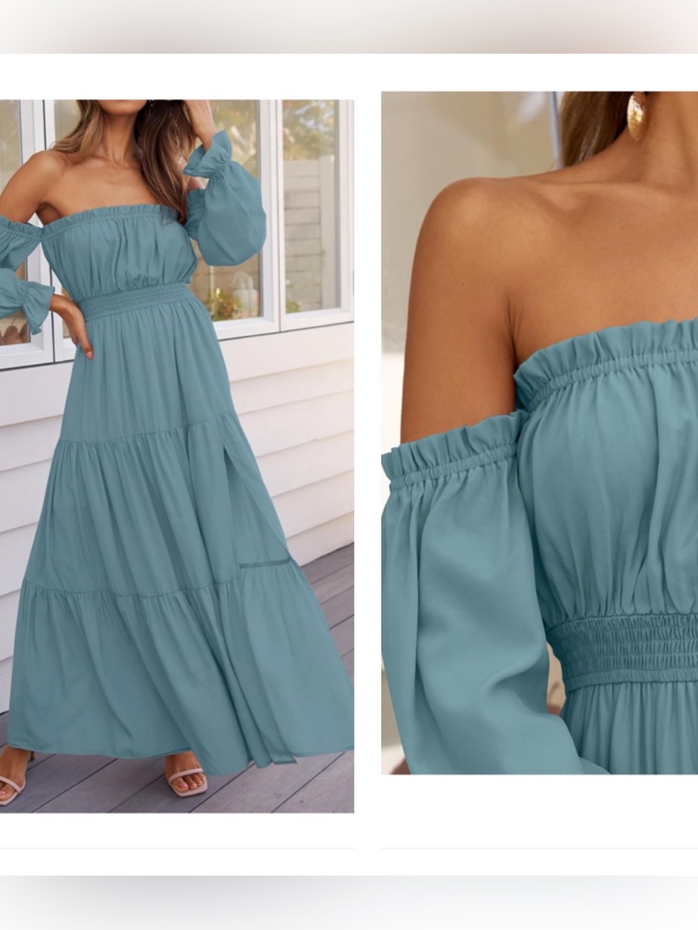 Smocked Off-Shoulder Maxi Dress in Dusty Teal with Side Slit - Picture 2 of 5